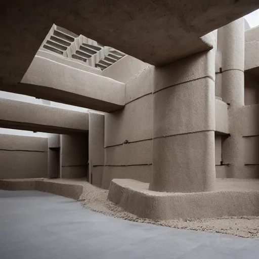 Image similar to indoor photo of a complex brutalist citadel made of 3 d printed rammed earth, people walking