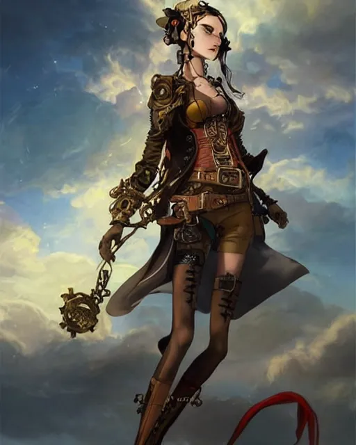 Image similar to a beautiful half body 2D illustration of a young female steampunk pirate wearing leather armor on gold and red trimmings on green, by Charlie Bowater, tom bagshaw, Artgerm and Lois Van Baarle, very cool pose, pirate ship with an epic sky background, slightly smiling, cinematic anime lighting and composition, fantasy painting, very detailed, ornate, trending on artstation and pinterest, deviantart, google images