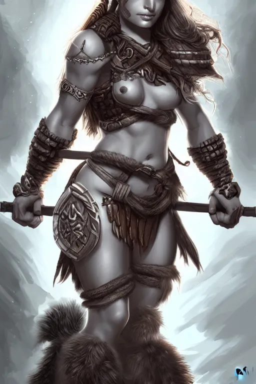 Image similar to head and shoulders portrait of a barbarian, female, high fantasy, d & d, by artgerm, face details, extremely detailed, digital illustration