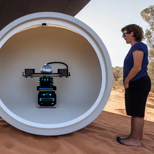 Image similar to robotic 3d printer printing a domed house frame in the australian desert, supervised by a group of three women, XF IQ4, 150MP, 50mm, F1.4, ISO 200, 1/160s, dawn