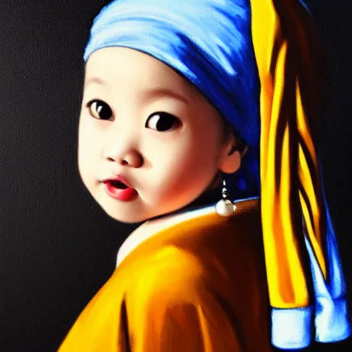 Image similar to A portrait of a lovely Asian baby girl imitating Girl with a Pearl Earring, detailed oil painting, dark background, 4k,