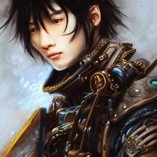 Image similar to portrait of a man by ayami kojima, korean, he is about 2 0 years old, short black hair with bangs, very tall and slender, smart looking, he is wearing a steampunk tactical gear, highly detailed portrait, digital painting, artstation, concept art, smooth, sharp foccus ilustration, artstation hq
