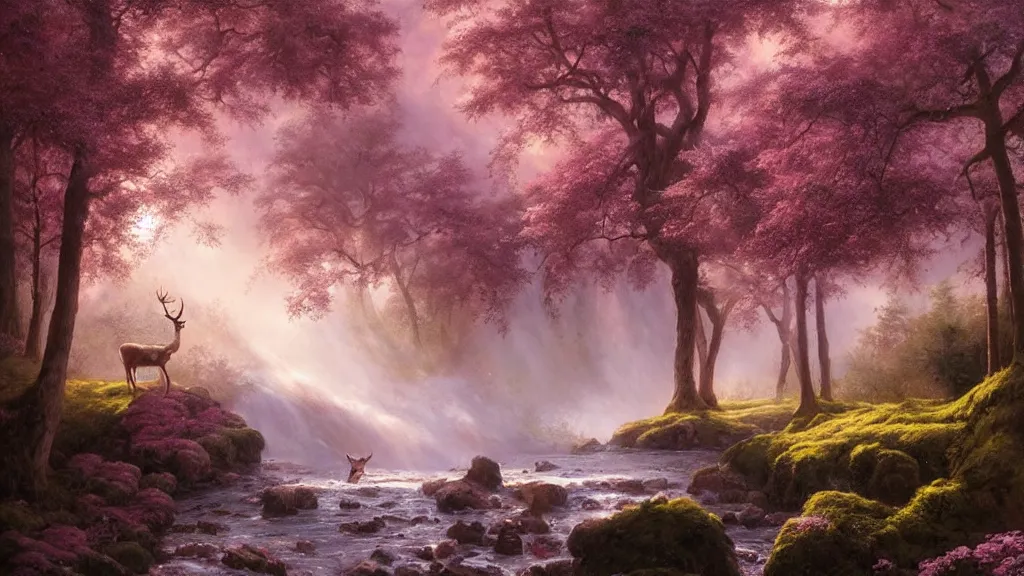 Image similar to the most beautiful panoramic landscape, oil painting, where a giant dreamy waterfall creates a river, the trees around are starting to bloom in pink and purple colors, a majestic deer is in close - up and it is under a giant tree while it is exhaling steam, the ray lights of the sunrise are brightening him, by greg rutkowski