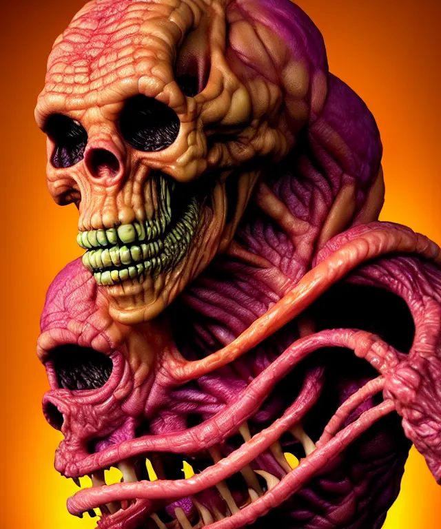 Image similar to hyperrealistic rendering, cronenberg flesh monster skeletor by art of skinner and richard corben and jeff easley, product photography, action figure, sofubi, studio lighting, colored gels