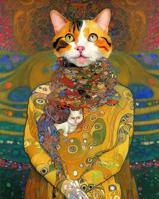 Image similar to summertime cat portrait an oil painting splashes with many colors and shapes by gustav klimt greg rutkowski and alphonse mucha, polycount, generative art, psychedelic, fractalism, glitch art