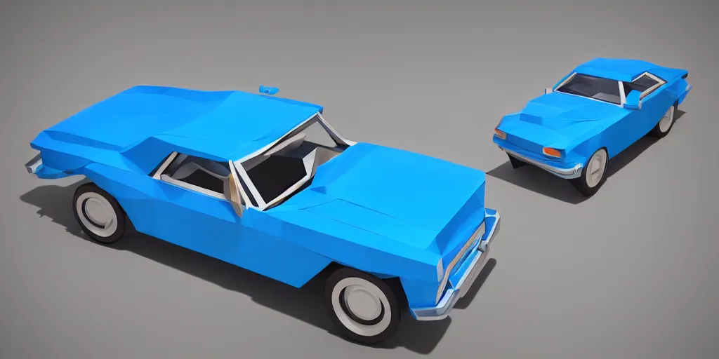 Image similar to a 3d low poly game object of a retro car on the blue background, mobile game