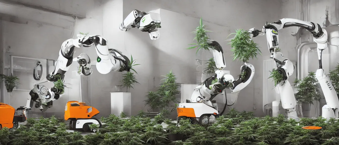 Image similar to three large white glossy kuka industrial robot harvesting a cannabis micro growery inside a fancy living room with retro modern furniture and decor, global illumination, artstation, fantasy, volumetric light