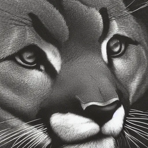 Prompt: extreme close-up, black and white, portrait of a Mountain Lion in the bush, Gustave Dore lithography