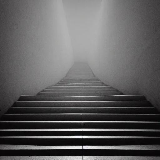 Image similar to black and white surreal photograph, highly detailed vast space made of stairsteps, sideview, detailed textures, natural light, mist, architecture photography, film grain, soft vignette, sigma 1 4 mm f / 1. 4 1 / 1 0 sec shutter, imax 7 0 mm footage