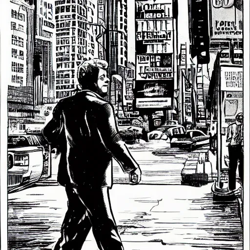 Image similar to comic book image with a man walking on the street of new york, ink, black and white, art of jack kirby