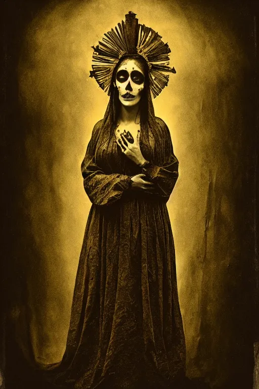 Prompt: photogravure, tintype virgin mary in dia de muertos dress and make up, horrific beautiful vibe, evocative, atmospheric lighting, painted, intricate, highly detailed, leesha hannigan, wayne haag, reyna rochin, ignacio fernandez rios, mark ryden, iris van herpen, stunning, gorgeous, sharp focus, cinematic, masterpiece