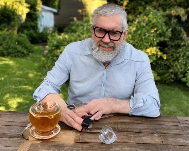 Prompt: mr robert is drinking fresh tea in a garden from spiral mug, detailed face, wearing glasses, grey beard, golden hour, elegant shirt