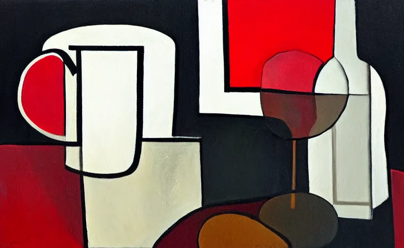 Prompt: abstract monotone oil painting, minimal, white mug, glass bottle, wine glass, on a table. brown, red, white, black. in the style of john craxton, similar aesthetics to ivon hitchins. picasso