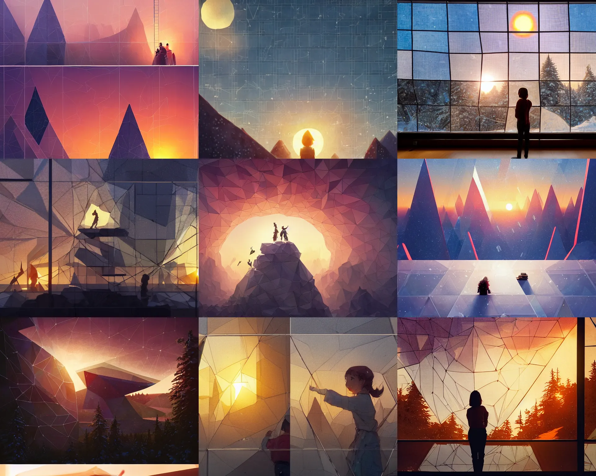 Prompt: polygonal tapestry on a giant glass wall depicting instructions of how to build a snowman over a sunset, light dust, magnificent, close up, details, sharp focus, elegant, highly detailed, illustration, by Jordan Grimmer and greg rutkowski and PiNe(パイネ) and 薯子Imoko and 香川悠作 and wlop and maya takamura, intricate, beautiful, Trending artstation, pixiv, digital Art