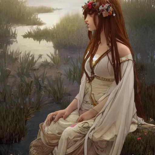 Image similar to A portrait of A beautiful!!! female knight sitting by the lake by greg rutkowski and alphonse mucha,In style of digital art illustration.Dark Fantasy.WLOP.hyper detailed,smooth, sharp focus,trending on artstation,4k