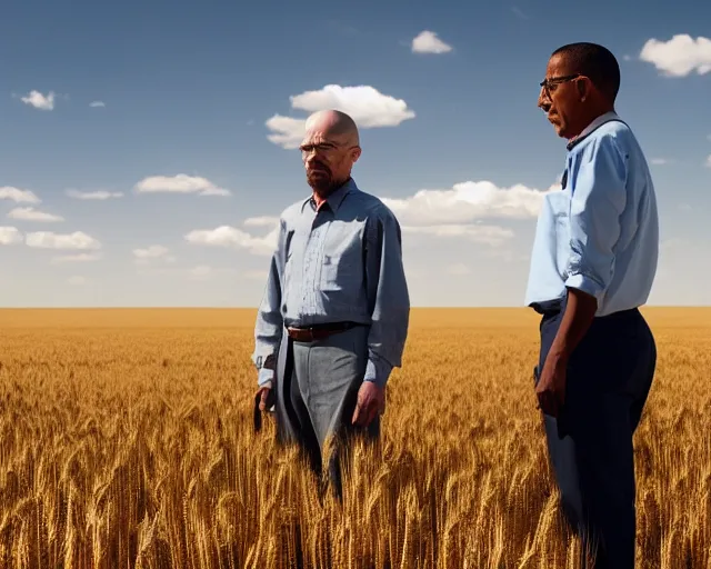 Prompt: a long shot of walter white and gustavo fring stand facing each other from a distance in a wheat field, side view, 3 5 mm photograph, 8 k resolution, wide shot, sharp lens