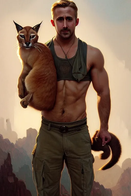 Image similar to Muscular Ryan Gosling holding cute caracal, portrait, sci-fi, fantasy, intricate, elegant, highly detailed, digital painting, artstation, concept art, smooth, sharp focus, illustration, art by artgerm and greg rutkowski and alphonse mucha