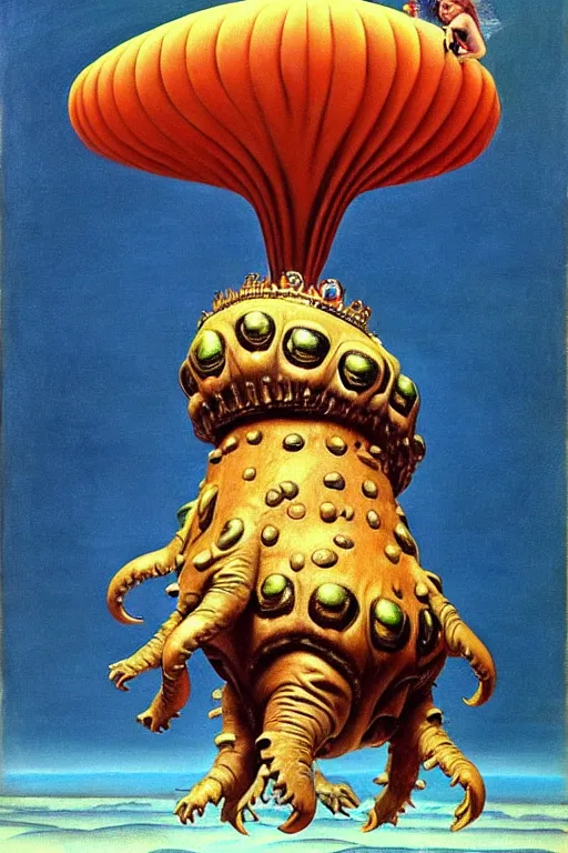 Image similar to a queen on top of a giant tardigrade retro japanese monster slimy leather, oil painting, 7 0 s vintage art, by georgia o keeffe, by gustave dore, by frank frazetta, nausicaa