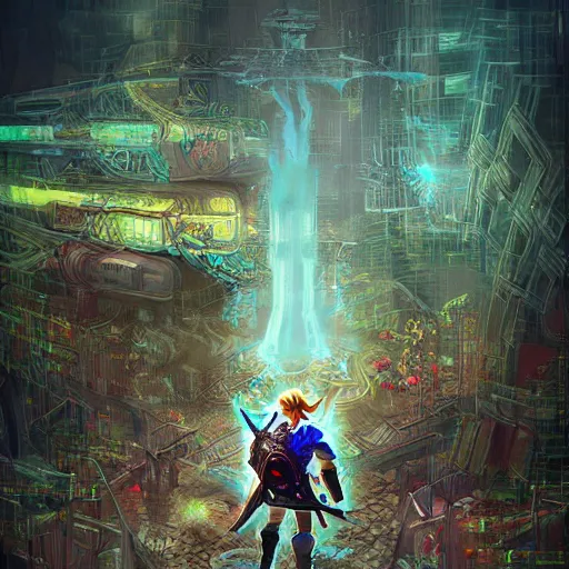 Image similar to Legend of Zelda in biopunk settings, digital art, concept art, wierd