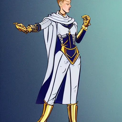 Image similar to character concept art of stoic heroic emotionless handsome blond butch tomboy woman with very short slicked-back hair, in princely white and gold masculine satin uniform with gold cape and boots, romantic, science fiction, atompunk, illustration