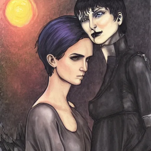 Image similar to stoic heroic emotionless blond butch tomboy woman, standing side by side with taller goth black - haired dark fae jennifer connelly, in love, romantic in romantic garden at night, mike mignogna, illustration, pen and ink, oil painting, highly detailed, sci fi, dreamy and romantic