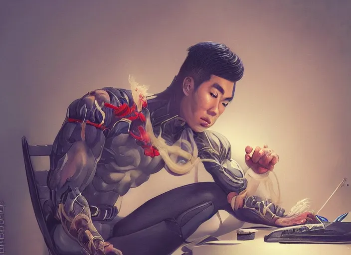 Image similar to an insanely detailed and realistic painting of an asian man wearing a homemade superhero costume, sitting at a desk, staring seriously at the computer and typing, in the style of peter mohrbacher, james jean, artgerm, dramatic lighting and composition, surreal background, octane render, pixar, trending on artstation, concept art, comic book, 8 k