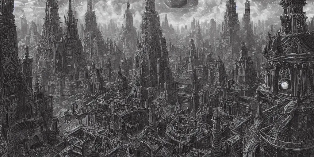 Image similar to an concept art of the ancient eldritch city, surrounded by monumental obelisks, lovercraft, intricate details, detailed sky, detailed structures, starry night, artstation, epic scenery, colourful light, cinematic, by kentaro miura and vasnetsov