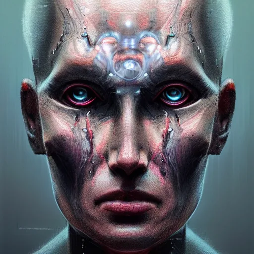 Prompt: centered front face portrait art illustration of an ultradetailed evil metaverse cyborg made of neuronal networks, by greg rutkowski and Zdzisław Beksiński, photorealistic, 8k, intricate, futuristic, dramatic light, trending on cg society