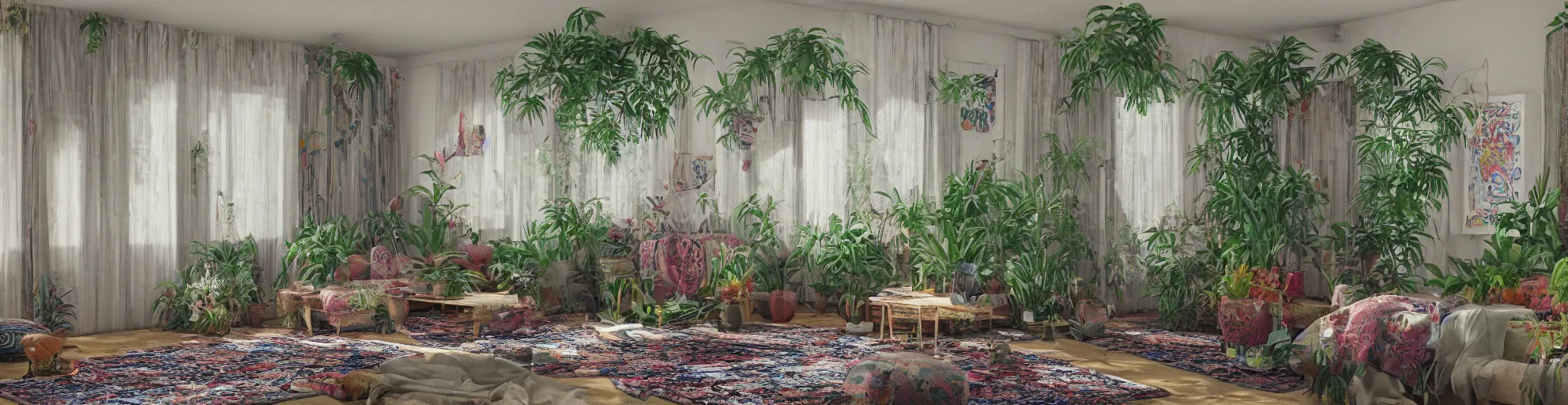 Prompt: 1 9 6 9 living in an older house, hippie pad, hippie chic, antiques, tropical houseplants, beaded curtains, posters on the walls, persian rugs, artstation, v - ray render, 8 k