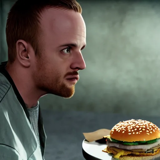 Prompt: Jesse Pinkman from Breaking Bad eating at McDonald's, photorealism, cinematic lighting,