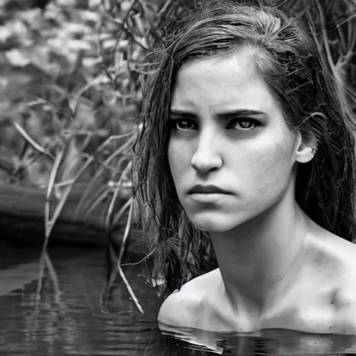 Image similar to portrait of a stunning female cyborg, ex machina, sitting in a pond, in the style of sally mann, photograph, black and white