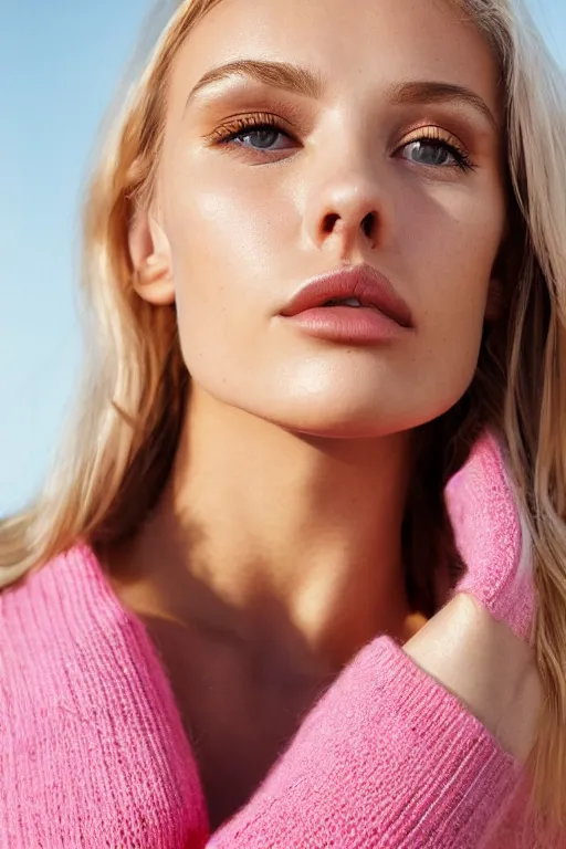 Prompt: olive skinned blonde female model in her twenties, wearing a low cut pink sweater, looking content, focused on her neck, photo realistic, extreme detail skin, natural beauty, no filter, slr, golden hour, 4 k, high definition, selfie