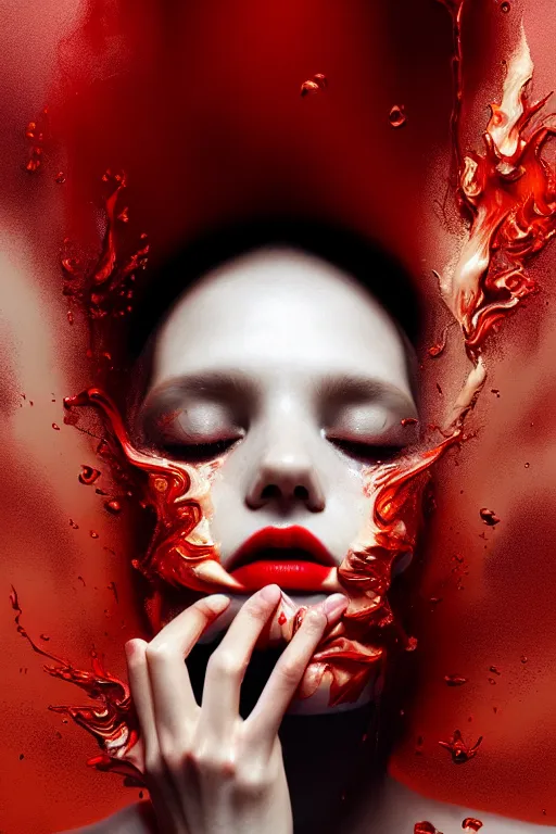 Prompt: 3 d, crying fashion model, flame, liquid black and red water, morning, vogue cover style, poster art, high detail, intricate oil painting, multiple exposure, heaven mood, hyperrealism, 3 d, by tooth wu and wlop and beeple and greg rutkowski