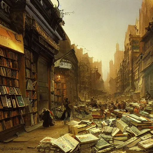 Prompt: painting of a scifi ancient civilzation victorian book store with pile of books on the street, andreas achenbach