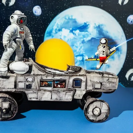 Image similar to a space admiral towing asteroid, with spaceship, space backdrop, everything made of papier - mache canon 5 d 5 0 mm lens, diorama, newspaper,