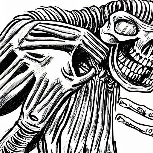 Prompt: a black and white detailed comic cartoon drawing of the skeleton of death giving a thumbs up and smiling, trending on artstation, 4 k