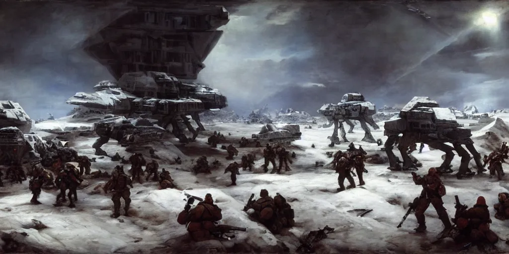 Prompt: the battle of hoth, rebel soldiers fighting enormous at - at walkers painted by jan matejko. oil on canvas, sharp focus, cinematic atmosphere, detailed and intricate, perfect anatomy, detailed and intricate environment and characters