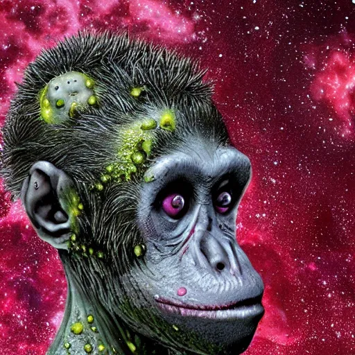 Image similar to measles on a deformed hideous pustule covered monkey, sores, bumps, skin wounds, surface hives, growths, horror, fantasy, highly detailed, by Dan Hillier, ooze, slime, in background nebula of bacteriophages