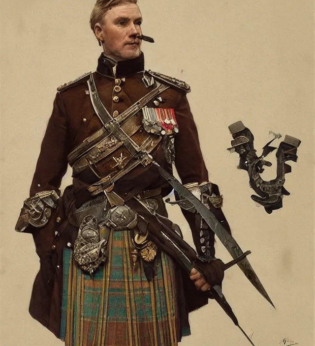 Image similar to portrait of an scottish man wearing a traditional nineteenth century scottish empire military uniform, metal shoulder pauldrons, intricate, highly detailed, digital painting, artstation, concept art, sharp focus, cinematic lighting, illustration, art by artgerm and greg rutkowski, alphonse mucha, cgsociety