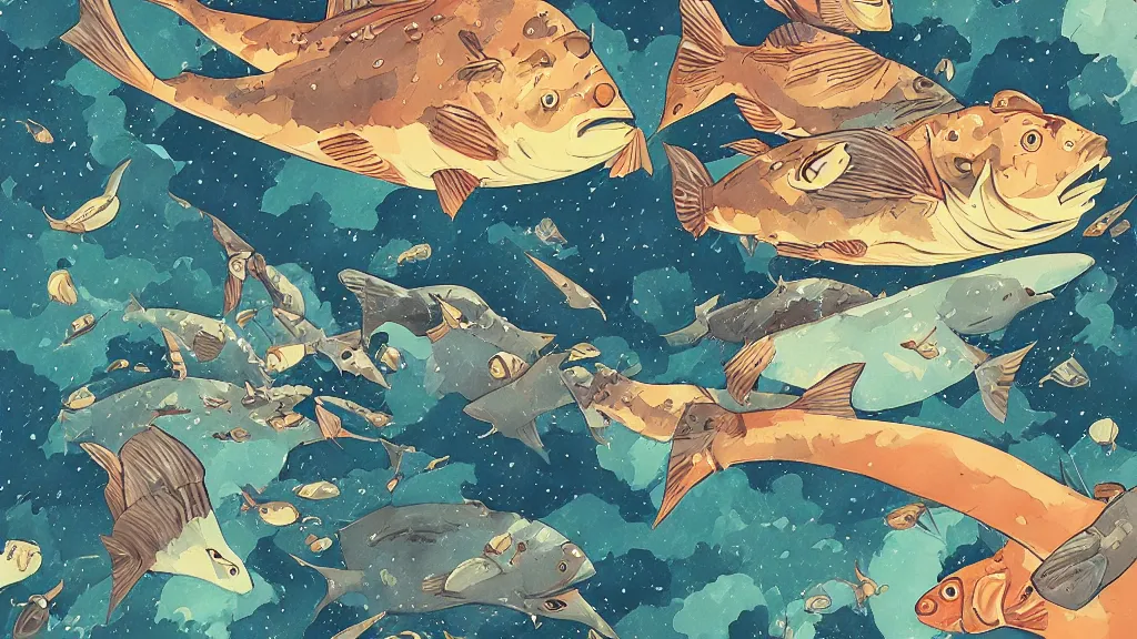 Prompt: very detailed, ilya kuvshinov, mcbess, rutkowski, watercolor pixar quilt ghibli illustration of fish, colorful, deep shadows, astrophotography, highly detailed, wide shot