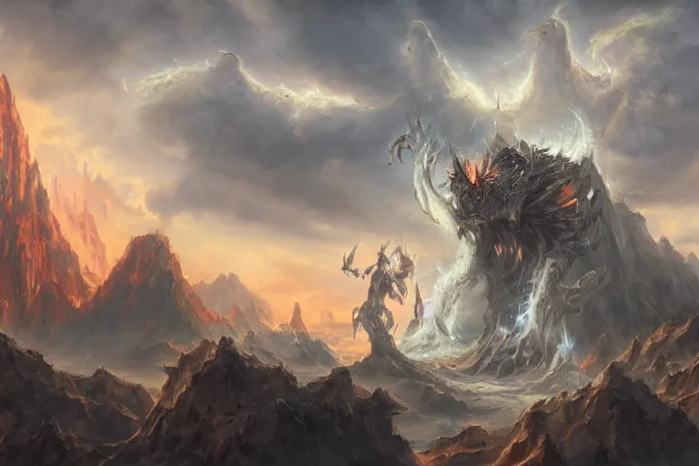 Image similar to A primordial elemental lord being awoken too early by his majordomo, detailed matte painting