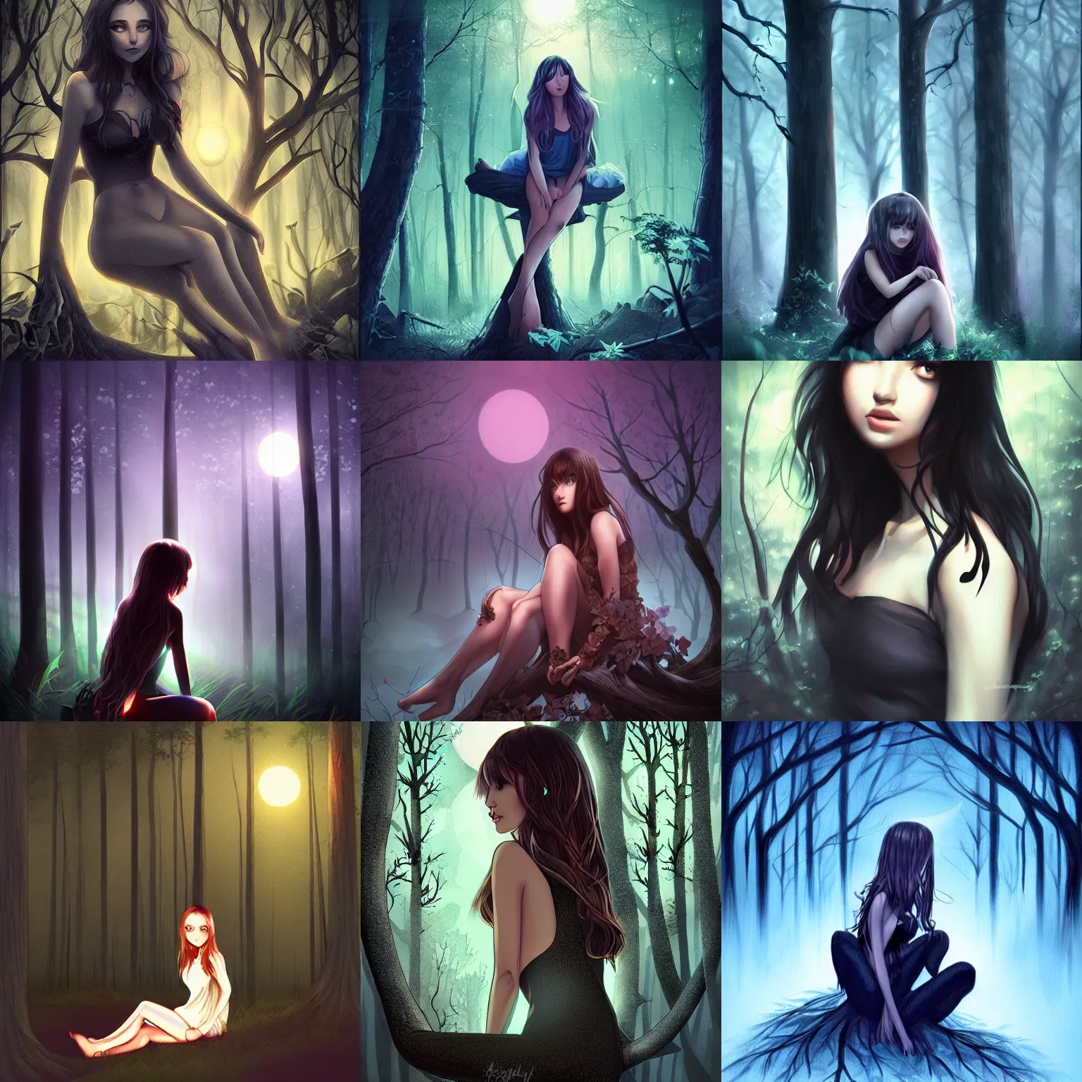 Prompt: dark forest at night illuminated by moonlight, beautiful girl sitting in a tree, in the style artgerm, digital art, trending