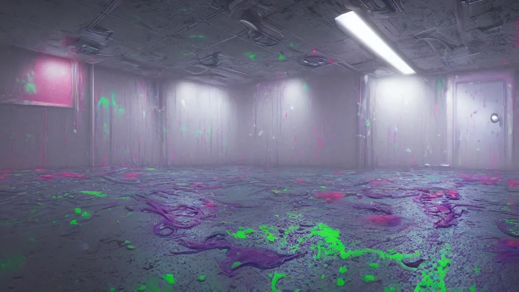 Prompt: sickly vibrant multicolored glowing alien goo slime liquid covering the ground and walls and ceiling of a dark dimly lit laboratory, volumetric lighting, unreal engine 5, eerie sinister atmosphere, photorealistic, unnerving, hyperdetailed 3d matte painting, hyperrealism, hyperrealistic, cinematic masterpiece, sci-fi horror style 8k ultrahd octane render