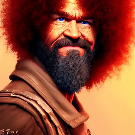 Image similar to Portrait of an evil looking Bob Ross, hairs of red flames, fantasy, D&D, intricate, highly detailed, digital painting, trending on artstation, sharp focus, illustration, style of Stanley Artgerm