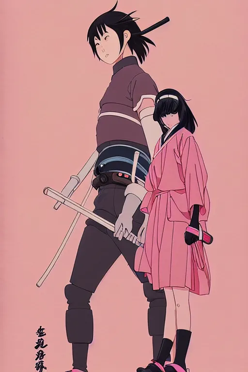 Image similar to Artwork by James Jean, Phil noto and studio ghibli ; (1) a young Japanese future samurai police lady named Yoshimi battles an (1) enormous evil natured carnivorous pink robot on the streets of Tokyo; Japanese shops and neon signage; crowds of people running; Art work by Phil noto and James Jean