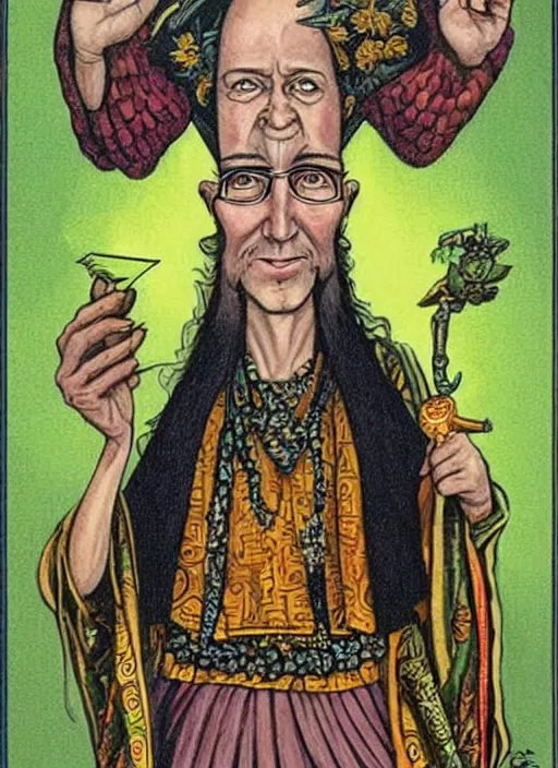 Image similar to Igor Bogdonoff caricature in Thoth tarot deck, style of Lady Frieda Harris,