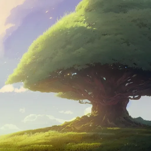 Prompt: a landscape of a single tree with bushes nearby, studio ghibli, castle in the sky, animated, anime, illustrated, vibrant, by greg rutkowski, dungeons and dragons on artstation