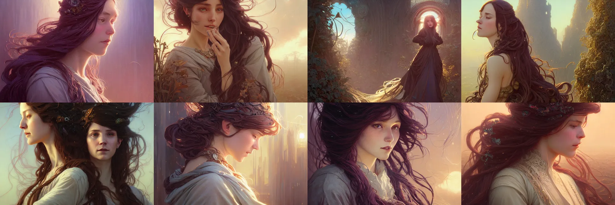 Image similar to highly detailed portrait of a woman with long hairs, stephen bliss, unreal engine, fantasy art by greg rutkowski, art nouveau, loish, rhads, ferdinand knab, makoto shinkai and lois van baarle, ilya kuvshinov, rossdraws, tom bagshaw, alphonse mucha, global illumination, radiant light, detailed and intricate environment