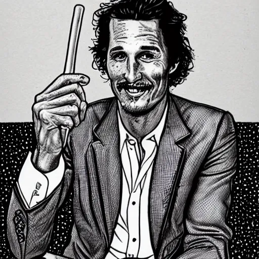 Image similar to a portrait drawing of Mathew McConaughey drawn by Robert Crumb