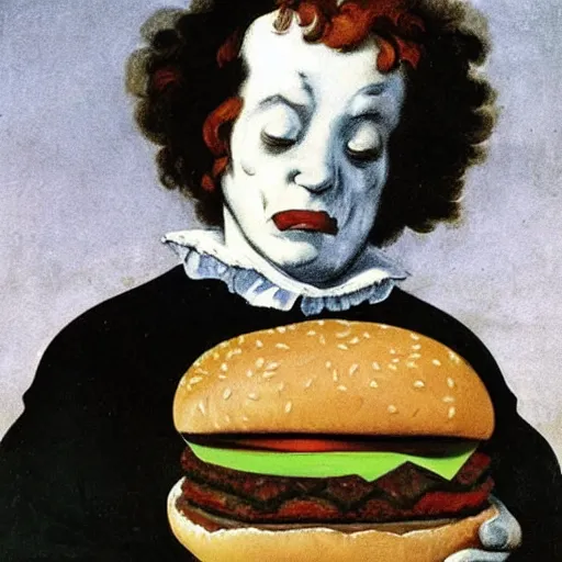 Image similar to ronald mcdonald eating a burger, art by francisco goya, gruesome, dark